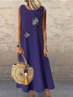Women's Casual Dress Cotton Dress A Line Dress Maxi Long Dress Cotton Blend Basic Modern Outdoor Daily Vacation Crew Neck Print Sleeveless Summer Spring 2023 Loose Fit Blue Green Gray Flower M L XL -HAYz Clothing Shop kctmth1683796903652