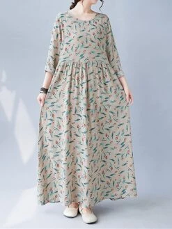 Women's Casual Dress Linen Dress Swing Dress Maxi Long Dress Linen Fashion Modern Outdoor Daily Holiday Crew Neck Print Long Sleeve Fall Winter Autumn 2023 Loose Fit Apricot Flower L XL 2XL -HAYz Clothing Shop kcvjbz1693553162529