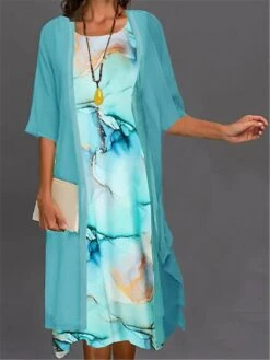 Women's Two Piece Dress Set Casual Dress Print Dress Outdoor Daily Fashion Elegant Print Midi Dress Crew Neck 3/4 Length Sleeve Floral Ombre Loose Fit White Light Green Blue Summer Spring S M L XL XXL