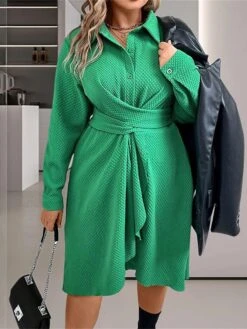 Women's Plus Size Curve Shirt Dress Casual Dress Plain Midi Dress Long Sleeve Ruched Button Shirt Collar Fashion Outdoor Green Fall Winter L XL XXL 3XL 4XL -HAYz Clothing Shop kdlocc1695095379276