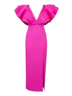 Women's Plus Size Curve Party Dress Bodycon Sheath Dress Plain Long Dress Maxi Dress Short Sleeve Ruffle Backless V Neck Fashion Party Fuchsia Fall Winter XL XXL 3XL 4XL -HAYz Clothing Shop kdoldn1694151481698