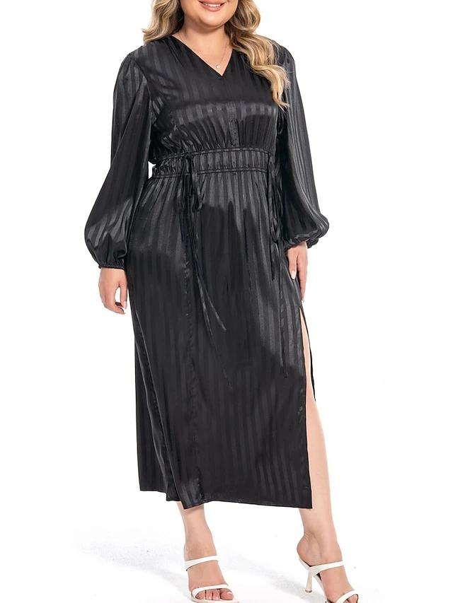 Women's Plus Size Curve Work Dress Satin Dress Black Dress Plain Midi Dress Long Sleeve Split V Neck Fashion Office Black Fall Winter L XL XXL 3XL 4XL 4 Women's Plus Size Curve Work Dress Satin Dress Black Dress Plain Midi Dress Long Sleeve Split V Neck Fashion Office Black Fall Winter L XL XXL 3XL 4XL - Image 4