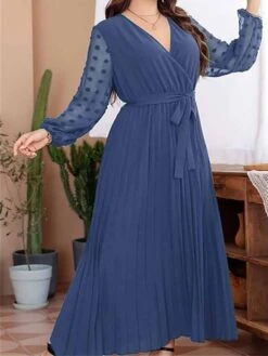 Women's Plus Size Curve Prom Dress Party Dress Wedding Guest Dress Long Dress Maxi Dress Blue Green Long Sleeve Pure Color Lace Up Fall Winter Autumn V Neck Fashion Evening Party Wedding Guest -HAYz Clothing Shop kejbkd1693205377101