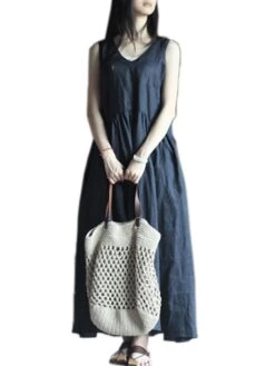 Women's Casual Dress Cotton Linen Dress Swing Dress Maxi Long Dress Cotton Blend Basic Casual Outdoor Vacation V Neck Pocket Sleeveless Summer Spring 2023 Regular Fit Navy Blue Apricot Pure Color M L -HAYz Clothing Shop kelpgx1677135422258