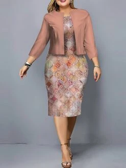 Women's Plus Size Curve Casual Dress Dress Set Two Piece Dress Floral Geometric Midi Dress Long Sleeve Print Crew Neck Fashion Outdoor Pink Navy Blue Fall Winter L XL XXL 3XL 4XL -HAYz Clothing Shop keqeft1695807525312