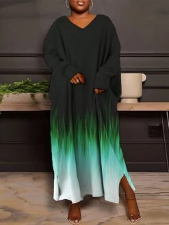 Women's Plus Size Curve Casual Dress Sweatshirt Dress Winter Dress Floral Gradient Long Dress Maxi Dress Long Sleeve Split Print V Neck Fashion Outdoor Pink Blue Fall Winter L XL XXL 3XL 4XL -HAYz Clothing Shop keuwvx1693386776013