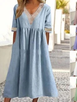Women's Casual Dress Cotton Linen Dress Swing Dress Midi Dress Cotton Blend Fashion Basic Outdoor Daily Vacation V Neck Lace Ruched Half Sleeve Summer Spring Fall 2023 Loose Fit White Pink Blue Plain