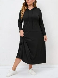 Women's Plus Size Curve Casual Dress Hoodie Dress Black Dress Solid Color Long Dress Maxi Dress Long Sleeve Hooded Fashion Outdoor Black Fall Winter L XL XXL 3XL 4XL -HAYz Clothing Shop keygea1694151488145