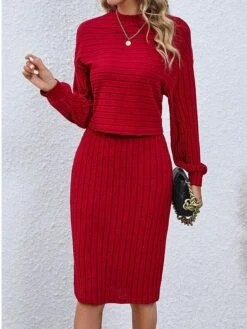 Women's Two Piece Dress Set Casual Dress Skirt Set Outdoor Daily Active Fashion Ribbed Midi Dress Turtleneck Long Sleeve Plain Loose Fit Black Wine Gray Fall Winter S M L XL XXL -HAYz Clothing Shop keztef1693294053139