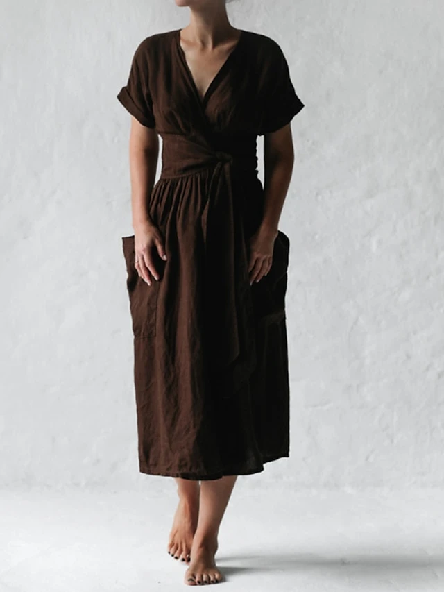 Women's Casual Dress Cotton Linen Dress A Line Dress Midi Dress Polyester Fashion Street Style Outdoor Daily Date V Neck Pocket Strappy Short Sleeve Summer Spring 2023 Regular Fit Pink Wine Brown 6 Women's Casual Dress Cotton Linen Dress A Line Dress Midi Dress Polyester Fashion Street Style Outdoor Daily Date V Neck Pocket Strappy Short Sleeve Summer Spring 2023 Regular Fit Pink Wine Brown - Image 6