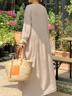 Women's Casual Dress Cotton Linen Dress Swing Dress Maxi Long Dress Linen Basic Classic Outdoor Daily Vacation V Neck Ruched Button Long Sleeve Summer Spring Fall 2023 Loose Fit Black Wine Apricot -HAYz Clothing Shop kfnwyg1690268464744
