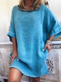 Women's Cotton Linen Dress A Line Dress Mini Dress Cotton Blend Casual Comfort Home Daily Crew Neck Rolled Cuff Half Sleeve Summer Spring Loose Fit White Pink Blue Pure Color S M L XL 2XL