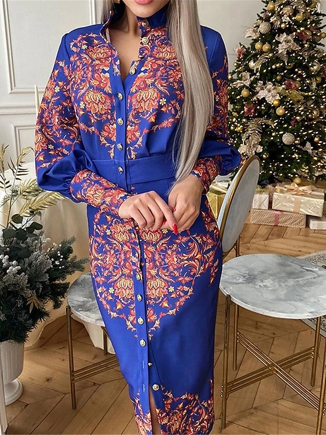 Women's Shirt Dress Casual Dress Bodycon Midi Dress Outdoor Office Daily Polyester Fashion Romantic Stand Collar Button Print Long Sleeve Summer Spring Fall 2023 Slim Blue Khaki Floral S M L XL 2XL 3 Women's Shirt Dress Casual Dress Bodycon Midi Dress Outdoor Office Daily Polyester Fashion Romantic Stand Collar Button Print Long Sleeve Summer Spring Fall 2023 Slim Blue Khaki Floral S M L XL 2XL - Image 3