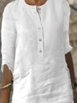 Women‘s Casual Dress Shirt Dress Cotton Linen Dress Shift Dress Midi Dress Bamboo Fashion Basic Outdoor Daily Vacation Crew Neck Button 3/4 Length Sleeve Summer Spring Fall 2023 Loose Fit White -HAYz Clothing Shop kgukjb1683267837588