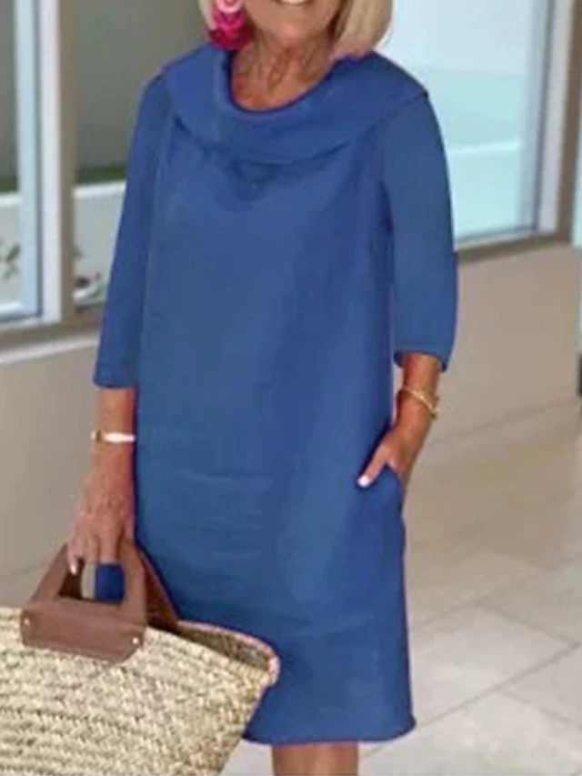 Women's Casual Dress Cotton Linen Dress Shift Dress Midi Dress Linen Basic Classic Outdoor Daily Vacation Cowl Neck Pocket 3/4 Length Sleeve Summer Spring Fall 2023 Loose Fit Light Blue White Wine 4 Women's Casual Dress Cotton Linen Dress Shift Dress Midi Dress Linen Basic Classic Outdoor Daily Vacation Cowl Neck Pocket 3/4 Length Sleeve Summer Spring Fall 2023 Loose Fit Light Blue White Wine - Image 4