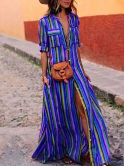 Women's Shirt Dress Casual Dress Swing Dress Maxi Long Dress Outdoor Daily Vacation Polyester Basic Casual Shirt Collar Pocket Split Half Sleeve Summer Spring 2023 Loose Fit Red Blue Purple Striped S -HAYz Clothing Shop kgzhpg1673848922534
