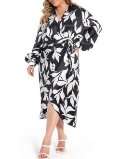 Women's Plus Size Curve Work Dress Satin Dress Wrap Dress Floral Midi Dress Long Sleeve Split V Neck Fashion Office Black Fall Winter L XL XXL 3XL 4XL -HAYz Clothing Shop khaauf1694772970824