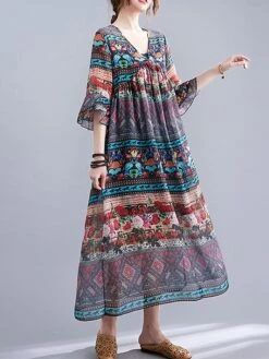 Women's Casual Dress Cotton Linen Dress Swing Dress Midi Dress Linen / Cotton Blend Fashion Classic Outdoor Daily Holiday V Neck Ruched Ruffle 3/4 Length Sleeve Fall Winter Autumn 2023 Loose Fit Blue -HAYz Clothing Shop khfkcy1693553163661