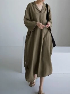 Women's Casual Dress Cotton Linen Dress Shift Dress Midi Dress Linen / Cotton Blend Fashion Basic Outdoor Daily Vacation Shirt Collar Lace Up Pocket Long Sleeve Fall Winter Autumn 2023 Loose Fit -HAYz Clothing Shop khokfb1693475208242