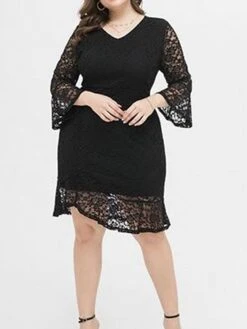 Women's Plus Size Party Dress Lace Dress Cocktail Dress Midi Dress Black 3/4 Length Sleeve Pure Color Lace Spring Fall Winter V Neck Fashion Winter Dress Birthday Wedding Guest 2023 XL XXL 3XL 4XL -HAYz Clothing Shop khoyoo1693535467536