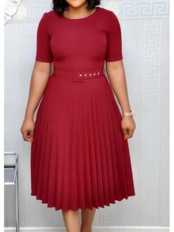 Women‘s Plus Size Curve Party Dress Solid Color Crew Neck Ruched Short Sleeve Spring Fall Work Formal Prom Dress Knee Length Dress Party Work Dress Loose Fit -HAYz Clothing Shop khqdcz1620625704228