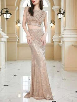 Women's Two Piece Dress Set Party Dress Skirt Set Party Wedding Guest Fashion Elegant Sequin Long Dress Maxi Dress Crew Neck Sleeveless Plain Regular Fit Apricot Summer Spring S M L XL -HAYz Clothing Shop khqkeb1690274869584