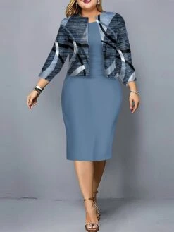 Women's Plus Size Curve Casual Dress Dress Set Two Piece Dress Geometric Color Block Midi Dress Long Sleeve Print Crew Neck Fashion Outdoor Blue Purple Fall Winter L XL XXL 3XL 4XL -HAYz Clothing Shop khumol1697170738992