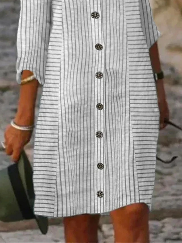 Women's Shirt Dress Casual Dress Cotton Linen Dress Midi Dress Cotton Blend Modern Casual Outdoor Daily Vacation Shirt Collar Button Print 3/4 Length Sleeve Summer Spring Fall 2023 Regular Fit Gray 3 Women's Shirt Dress Casual Dress Cotton Linen Dress Midi Dress Cotton Blend Modern Casual Outdoor Daily Vacation Shirt Collar Button Print 3/4 Length Sleeve Summer Spring Fall 2023 Regular Fit Gray - Image 3