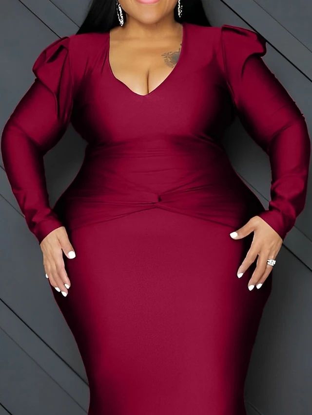 Women‘s Plus Size Curve Party Dress Bodycon Solid Color Long Dress Maxi Dress Long Sleeve Ruched V Neck Elegant Party Camel Black Summer Spring XL XXL 3XL 4XL 5XL 3 Women‘s Plus Size Curve Party Dress Bodycon Solid Color Long Dress Maxi Dress Long Sleeve Ruched V Neck Elegant Party Camel Black Summer Spring XL XXL 3XL 4XL 5XL - Image 3
