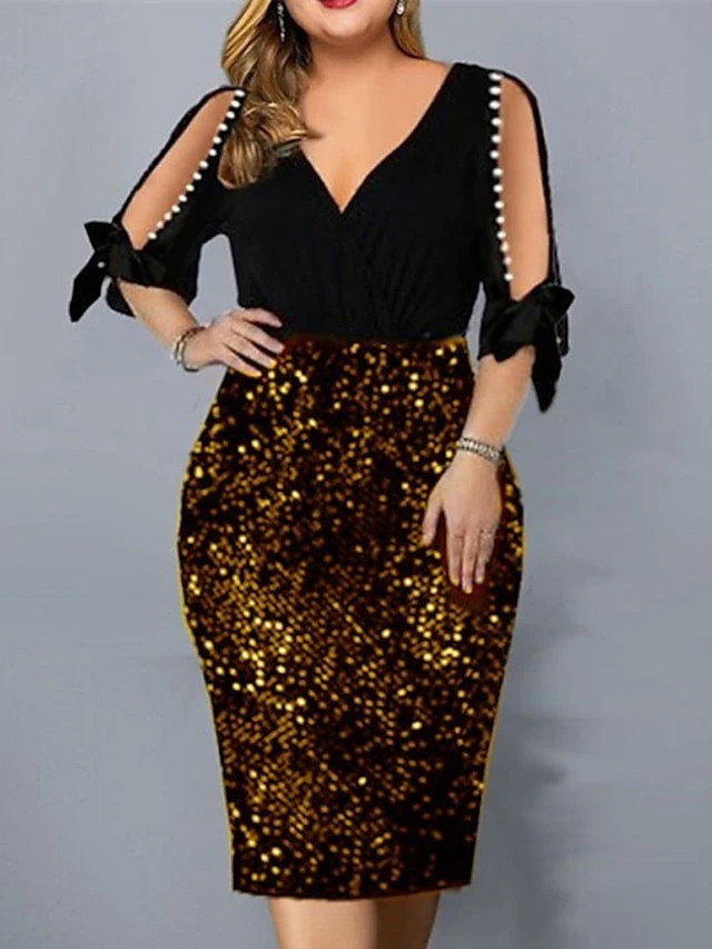 Women‘s Plus Size Curve Party Dress Solid Color V Neck Sequins Half Sleeve Spring Fall Stylish Sequins Prom Dress Midi Dress Party Club Dress Sheath Dress Sequin Dress 2 Women‘s Plus Size Curve Party Dress Solid Color V Neck Sequins Half Sleeve Spring Fall Stylish Sequins Prom Dress Midi Dress Party Club Dress Sheath Dress Sequin Dress - Image 2