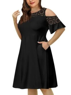 Women‘s Plus Size Curve Casual Dress Solid Color Crew Neck Lace Half Sleeve Fall Spring Casual Knee Length Dress Casual Daily Dress -HAYz Clothing Shop kilnvm1656060137560