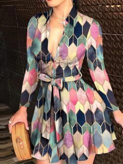 Women's Shirt Dress Casual Dress Mini Dress Outdoor Daily Polyester Fashion Modern Shirt Collar Lace Up Button Long Sleeve Fall Winter 2023 Regular Fit Black Pink Dark Pink Geometric Color Block S M