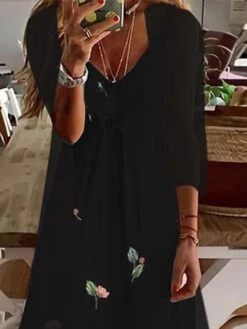 Women's Casual Dress Dress Set Two Piece Dress Midi Dress Black Long Sleeve Floral Print Fall Winter Autumn V Neck Casual Winter Dress Fall Dress Loose Fit 2023 S M L XL XXL 3XL 4XL 5XL -HAYz Clothing Shop kjexgr1662027980719