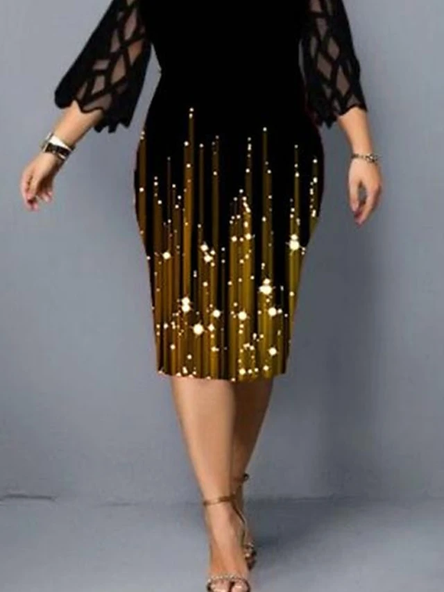 Women‘s Plus Size Curve Work Dress Sheath Dress Formal Dress Gradient Midi Dress 3/4 Length Sleeve Mesh Crew Neck Fashion Outdoor Gold Spring Summer L XL XXL 3XL 4XL 3 Women‘s Plus Size Curve Work Dress Sheath Dress Formal Dress Gradient Midi Dress 3/4 Length Sleeve Mesh Crew Neck Fashion Outdoor Gold Spring Summer L XL XXL 3XL 4XL - Image 3