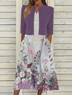 Women's Two Piece Dress Set Casual Dress Tank Dress Outdoor Daily Fashion Streetwear Pocket Print Midi Dress V Neck 3/4 Length Sleeve Floral Regular Fit Navy Blue Blue Purple Summer Spring S M L XL -HAYz Clothing Shop kkcfmo1689736428875