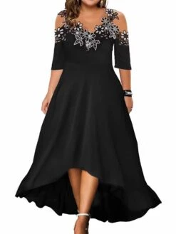 Women‘s Plus Size Curve Party Dress Lace Dress Swing Dress Leaf Long Dress Maxi Dress Half Sleeve Lace Patchwork Spaghetti Strap Fashion Party Black Summer Spring L XL XXL 3XL 4XL