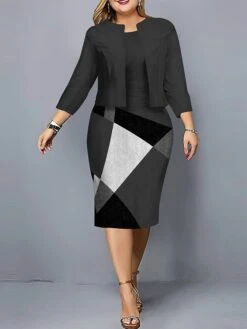 Women's Plus Size Curve Casual Dress Dress Set Two Piece Dress Geometric Plaid Midi Dress Long Sleeve Print Crew Neck Fashion Outdoor Black Pink Fall Winter L XL XXL 3XL 4XL -HAYz Clothing Shop kktybl1695808186959