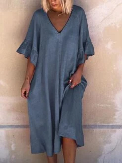 Women's Casual Dress Cotton Linen Dress Swing Dress Midi Dress Cotton Blend Basic Casual Outdoor Daily V Neck Ruffle Patchwork Half Sleeve Summer Spring 2023 Loose Fit Light Blue Pink Blue Plain S M -HAYz Clothing Shop kkulvj1677045653543