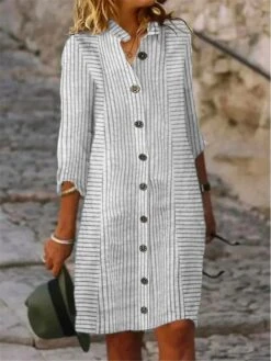 Women's Shirt Dress Casual Dress Cotton Linen Dress Midi Dress Cotton Blend Modern Casual Outdoor Daily Vacation Shirt Collar Button Print 3/4 Length Sleeve Summer Spring Fall 2023 Regular Fit Gray