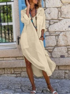 Women's Shirt Dress Casual Dress Cotton Linen Dress Midi Dress Bamboo Modern Casual Daily V Neck Button Pocket 3/4 Length Sleeve Spring Fall 2023 Regular Fit Black Pink Khaki Plain S M L XL 2XL -HAYz Clothing Shop klcgzw1683616327583