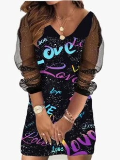 Women‘s Plus Size Curve Holiday Dress Floral V Neck Mesh Long Sleeve Fall Spring Casual Mini Dress Casual Daily DressSheath DressBlack DressPrint -HAYz Clothing Shop kldfje1647491219505