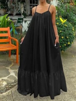 Women's Casual Dress Swing Dress Summer Dress Long Dress Maxi Dress Cotton Basic Casual Outdoor Daily Holiday Strap Ruffle Backless Sleeveless Summer Spring Loose Fit Black White Yellow Plain S M L -HAYz Clothing Shop klggid1674887099772
