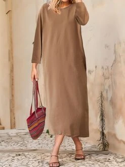 Women's Casual Dress Cotton Linen Dress T Shirt Dress Tee Dress Midi Dress Polyester Basic Classic Outdoor Daily Vacation Crew Neck Pocket 3/4 Length Sleeve Fall Autumn 2023 Loose Fit ArmyGreen Black