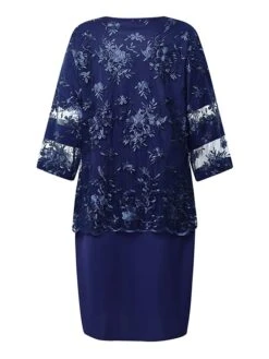 Women's Plus Size Curve Wedding Guest Dress Lace Party Dress Crew Neck Print 3/4 Length Sleeve Mother Dress Spring Fall Dress Elegant Formal Midi Dress Party Cocktail Dress -HAYz Clothing Shop kmjqgj1659687306742