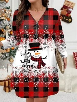 Women's Plus Size Curve Christmas Dress Casual Dress Winter Dress Plaid Snowman Mini Dress Long Sleeve Print V Neck Fashion Outdoor Yellow Wine Fall Winter L XL 2XL 3XL 4XL