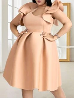 Women's Plus Size Curve Party Dress Swing Dress A Line Dress Plain Midi Dress Short Sleeve Ruffle Square Neck Fashion Party Fuchsia Khaki Fall Winter XL XXL 3XL 4XL