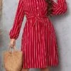 Women's Plus Size Shirt Dress Casual Dress Tunic Dress Maxi Long Dress Outdoor Daily Date Polyester Basic Classic Shirt Collar Button Tie Belt Long Sleeve Spring Fall Winter 2023 Loose Fit Red Striped
