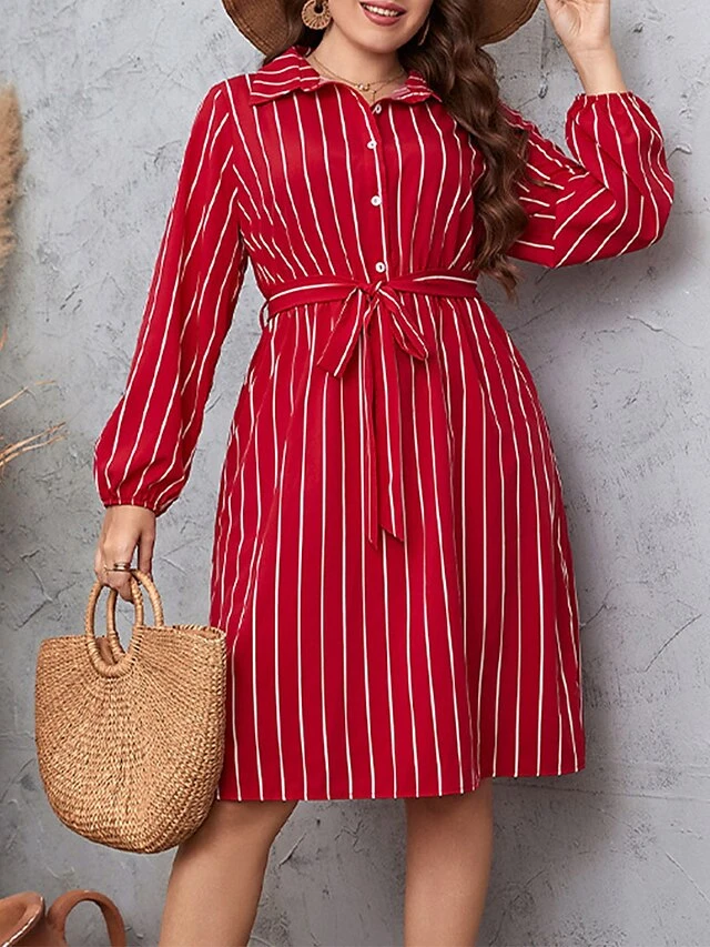 Women's Plus Size Shirt Dress Casual Dress Tunic Dress Maxi Long Dress Outdoor Daily Date Polyester Basic Classic Shirt Collar Button Tie Belt Long Sleeve Spring Fall Winter 2023 Loose Fit Red Striped 1 Women's Plus Size Shirt Dress Casual Dress Tunic Dress Maxi Long Dress Outdoor Daily Date Polyester Basic Classic Shirt Collar Button Tie Belt Long Sleeve Spring Fall Winter 2023 Loose Fit Red Striped