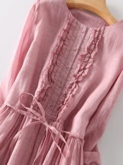 Women's Casual Dress Cotton Linen Dress A Line Dress Midi Dress Linen / Cotton Blend Basic Classic Outdoor Daily Vacation Crew Neck Lace Up Button 3/4 Length Sleeve Spring Fall Autumn 2023 Loose Fit -HAYz Clothing Shop knzqbf1694418854011