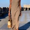 Women's Casual Dress Cotton Linen Dress Shift Dress Midi Dress Linen / Cotton Blend Fashion Basic Outdoor Daily Vacation One Shoulder Split Sleeveless Summer Spring Fall 2023 Loose Fit Khaki Plain S